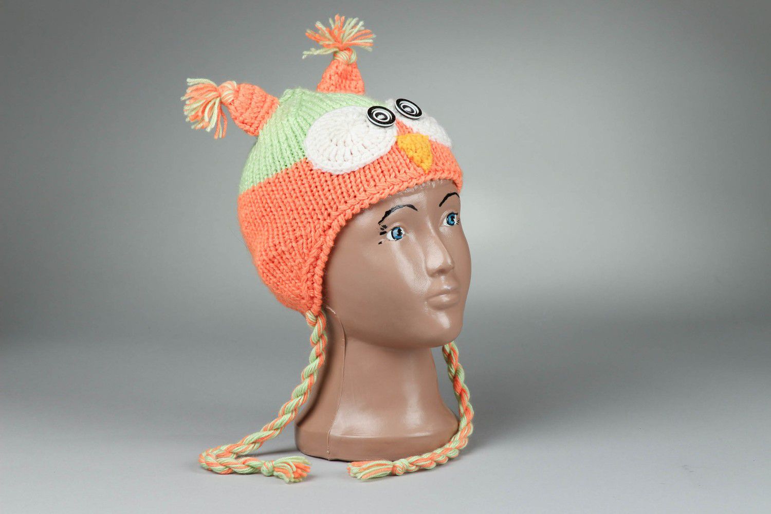 Bonnet tricoté hibou orange vert fait main photo 2