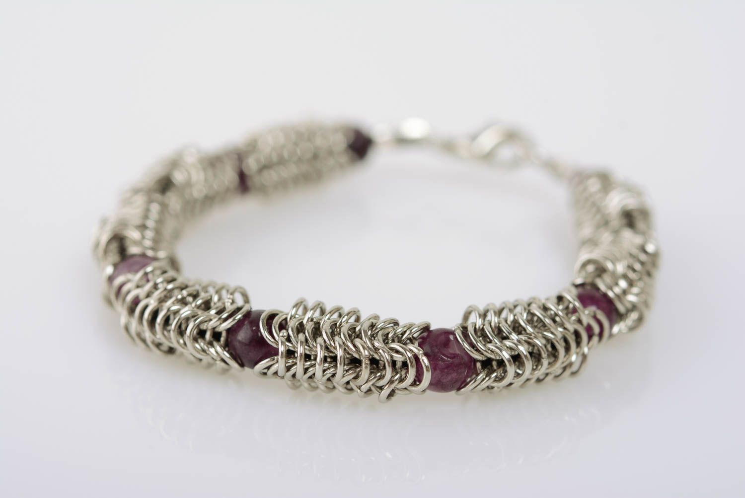 Handmade jewelry alloy bracelet chain mail weaving technique with amethyst photo 1