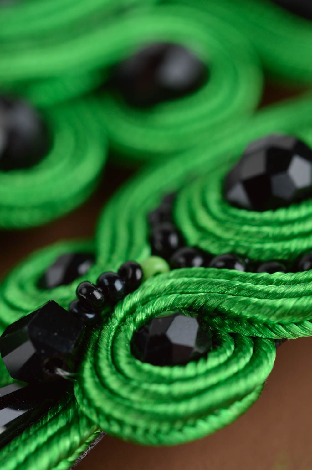 Black and green handmade designer soutache earrings and necklace jewelry set photo 4