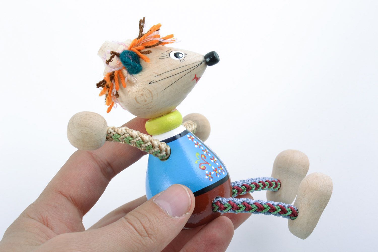 Beautiful funny handmade small wooden eco toy mouse with painting photo 2