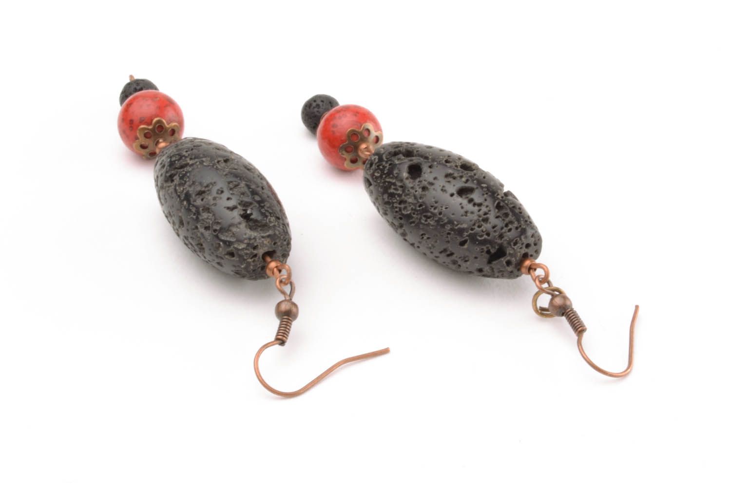 Pendant earrings with schungite and coral stones photo 2