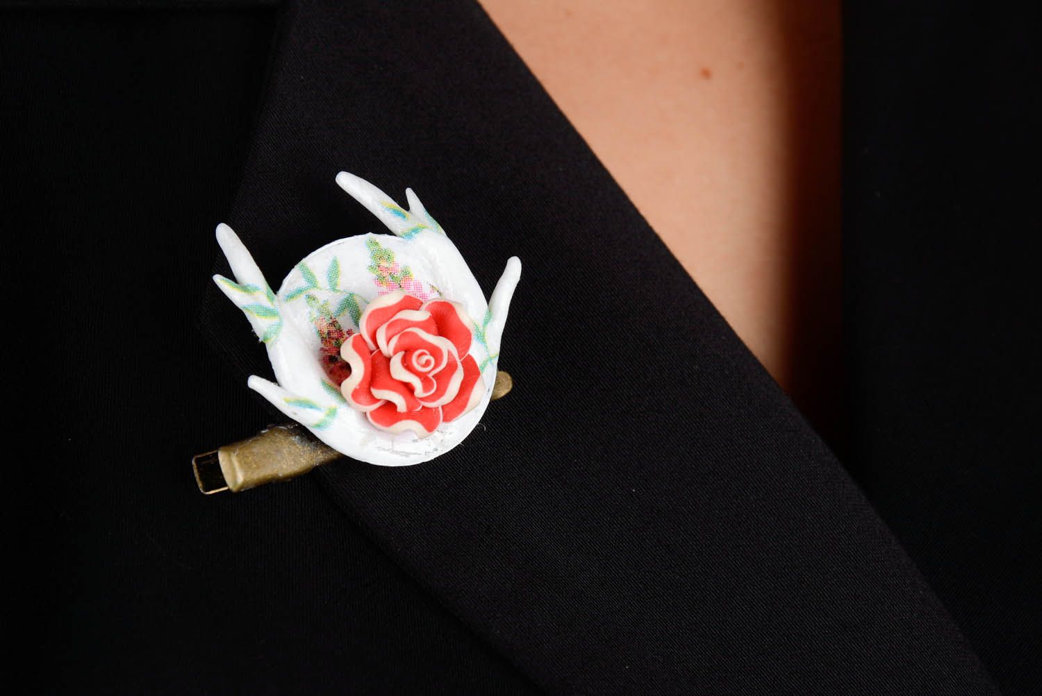 Brooch-hairpin Red and white rose photo 4