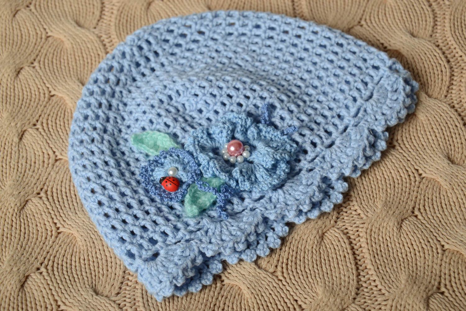 Bonnet tricot fait main Chapeau au crochet bleu clair original Vêtement enfant photo 1