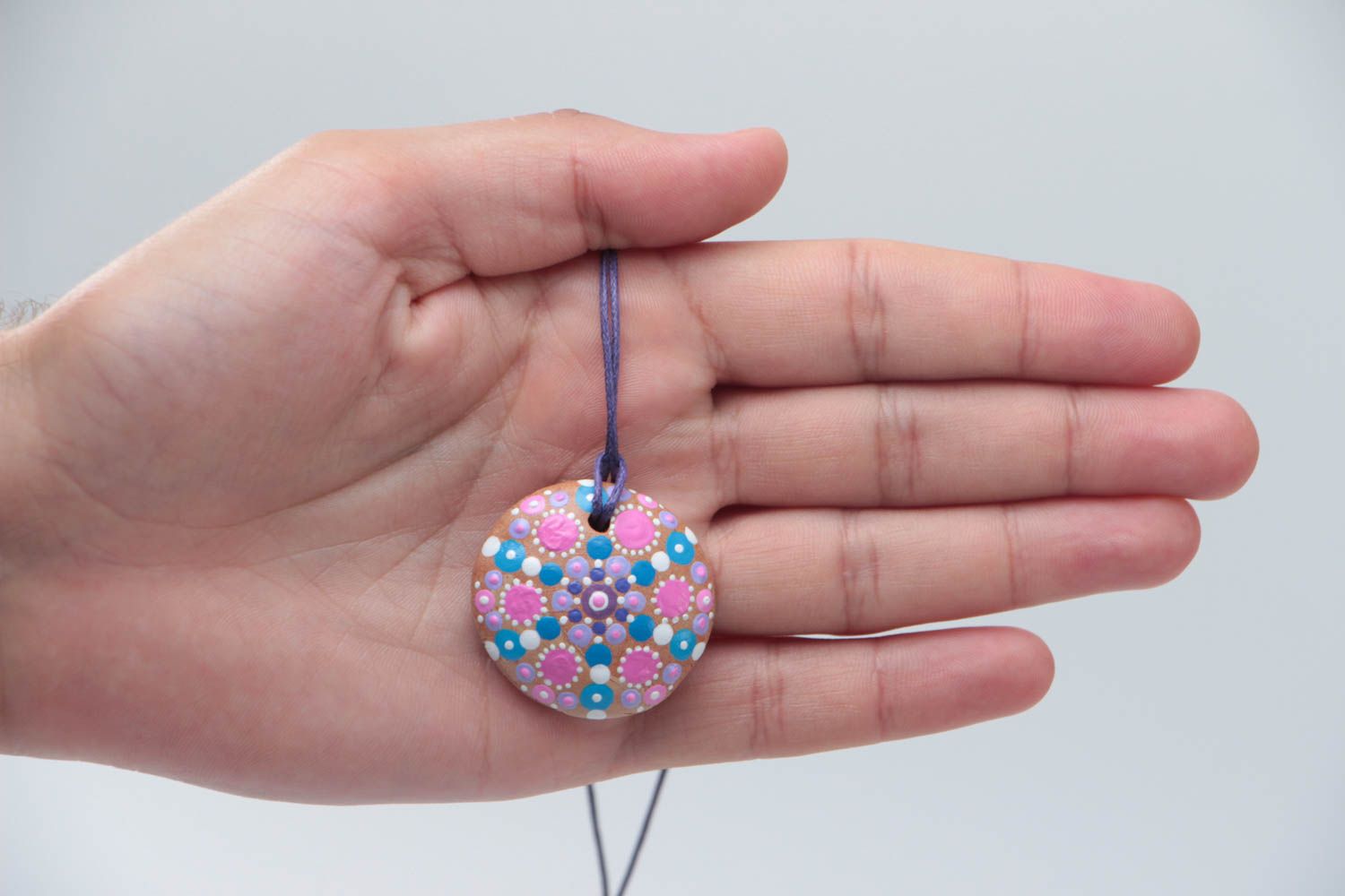 Handmade designer women's round ceramic pendant painted with acrylics on cord photo 5