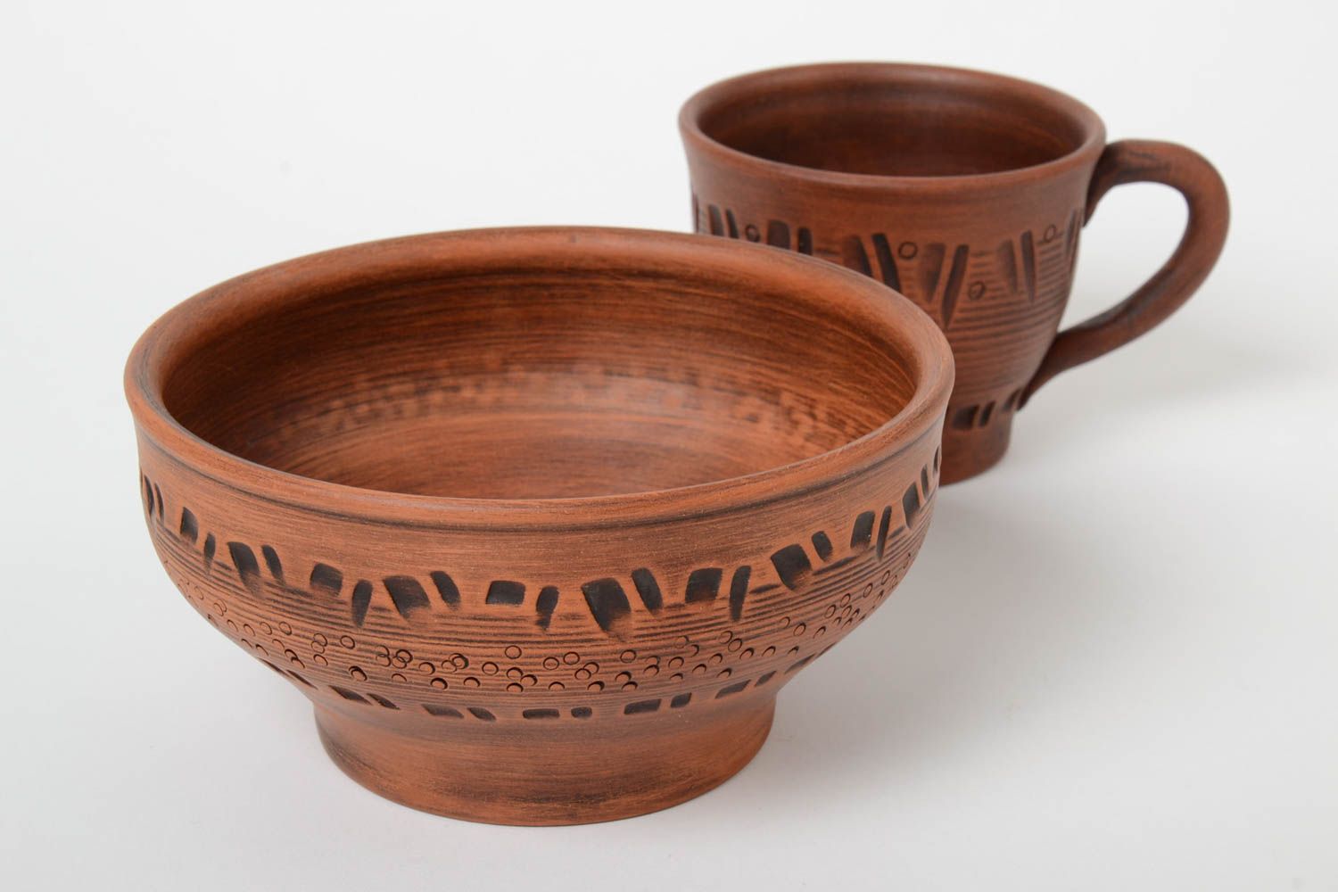 Set of ceramic pottery 13 oz coffee cup and 25 oz brown bowl with handmade pattern photo 4