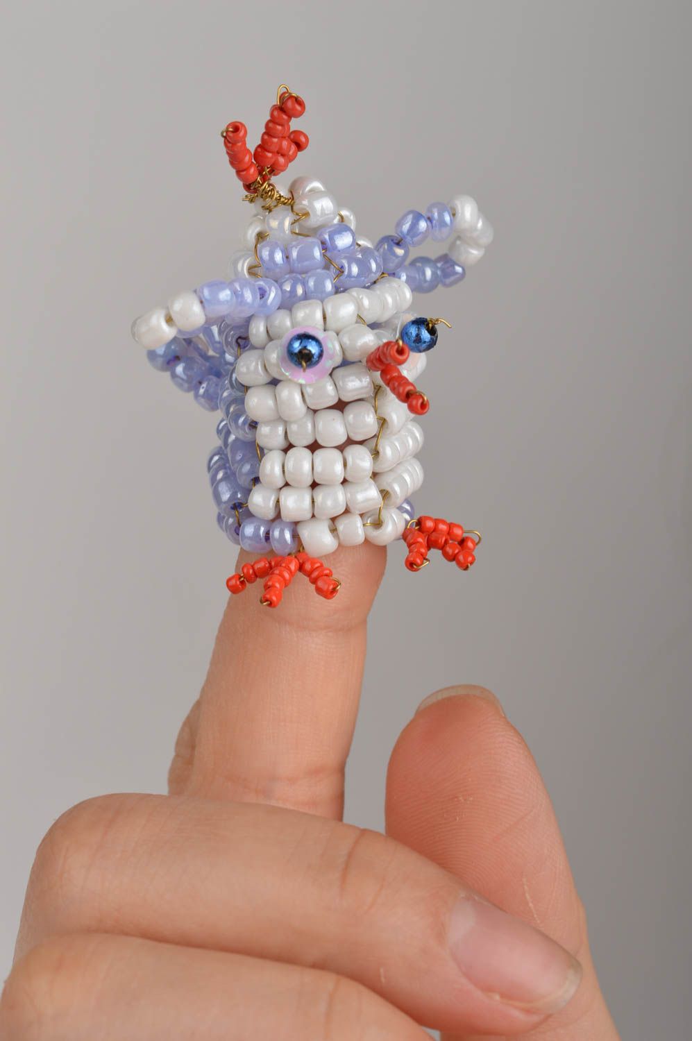 Unusual handmade finger puppet toy woven of beads home theater for children photo 1