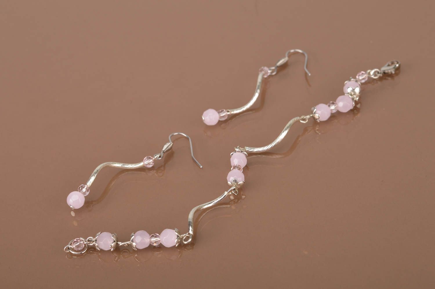 Elegant jewelry set handmade metal earrings with beads metal bracelet with beads photo 3