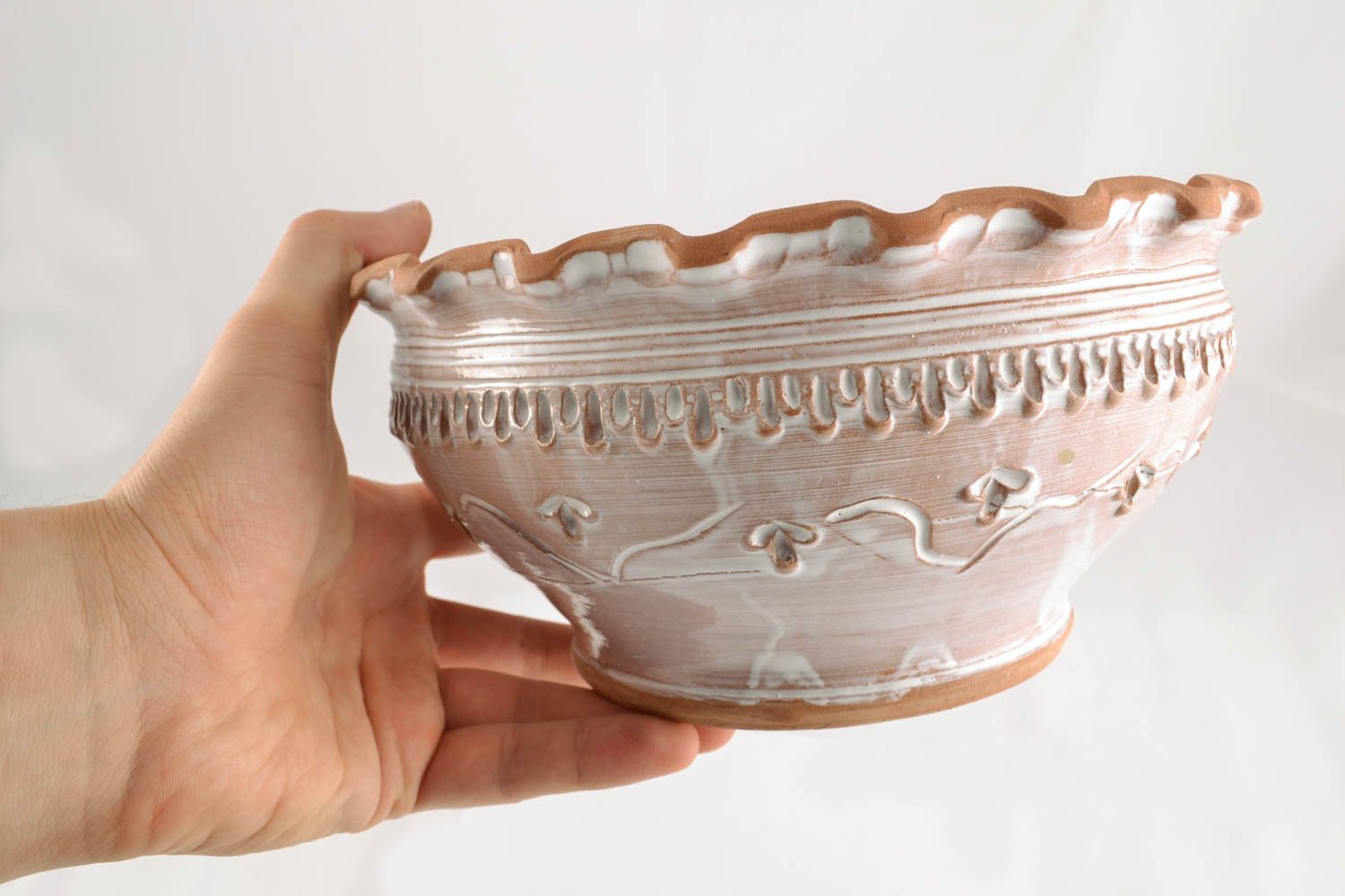 Bol creux en céramique fait main à motifs blanc-brun original joli stylé  photo 4