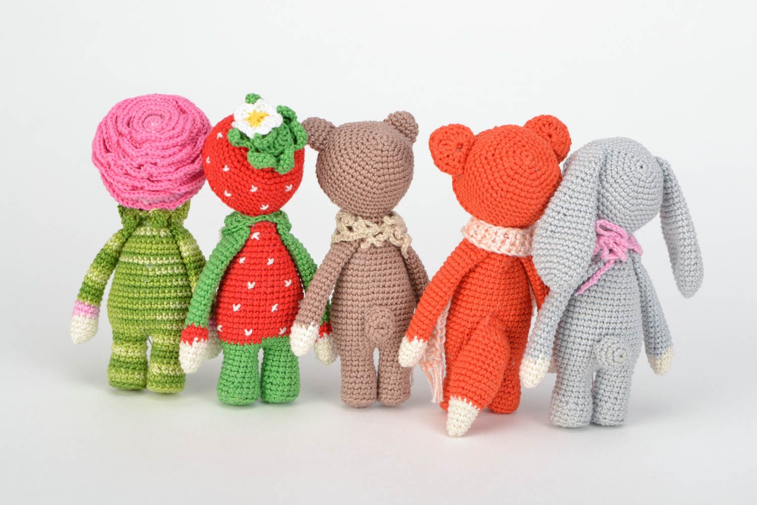 Set of small handmade crochet soft toys 5 pieces Girls in costumes of animals photo 5