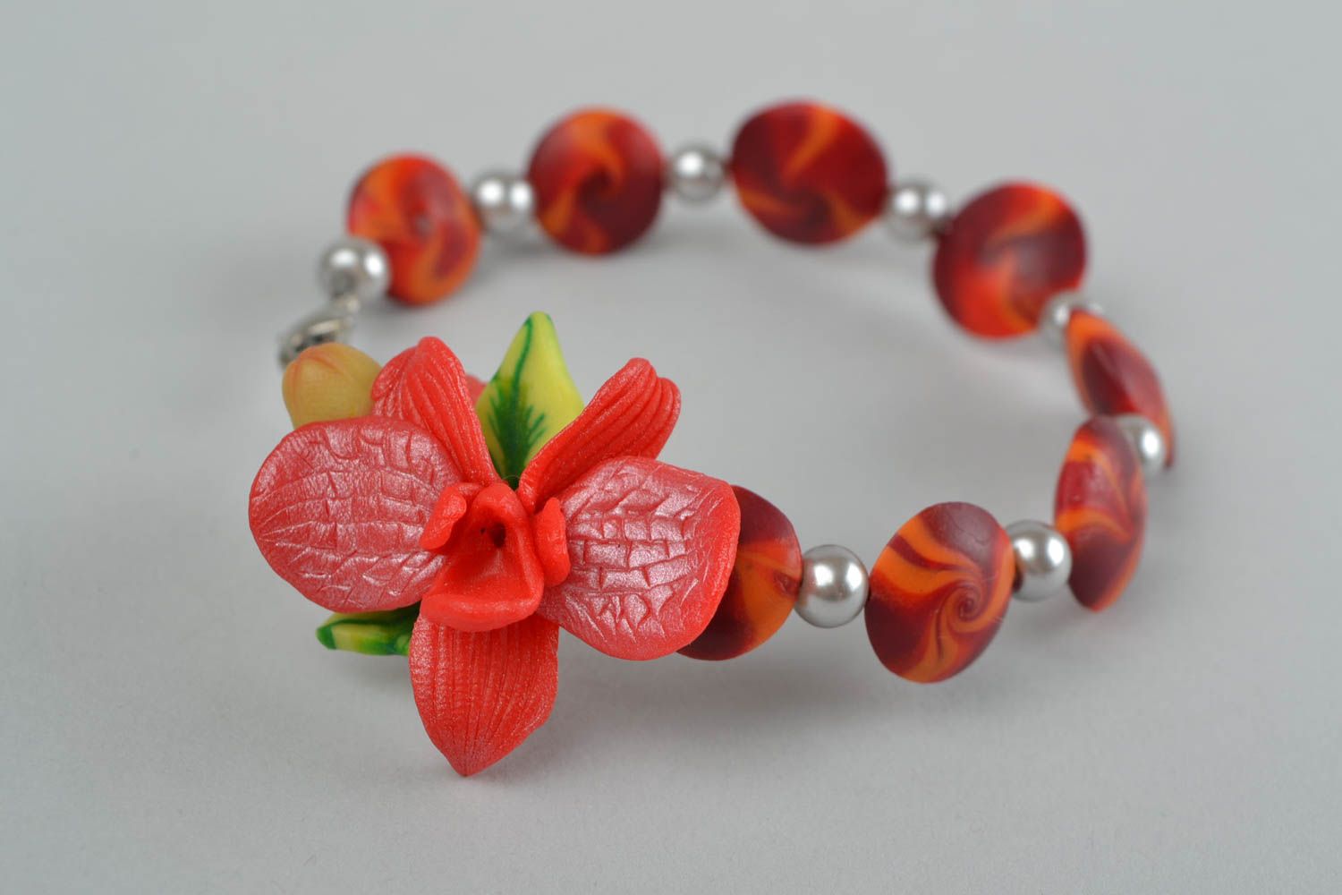 Handmade designer women's polymer clay bracelet with exotic flower photo 3