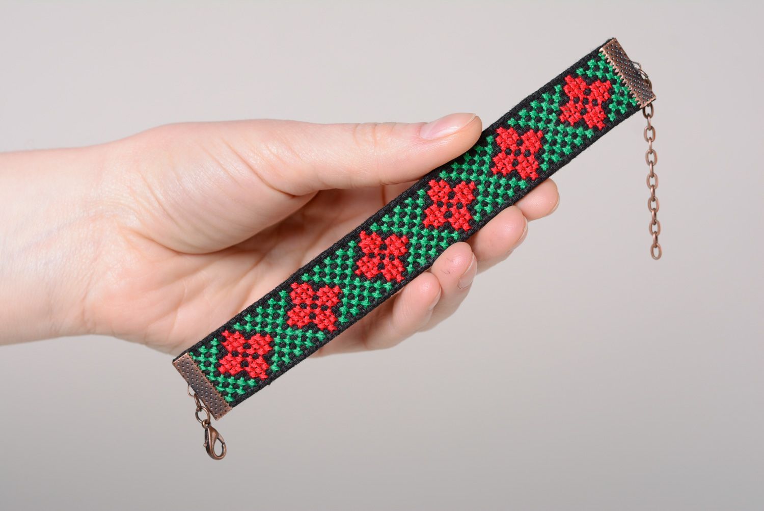 Beautiful handmade wrist bracelet with embroidery in Ukrainian style for women photo 4