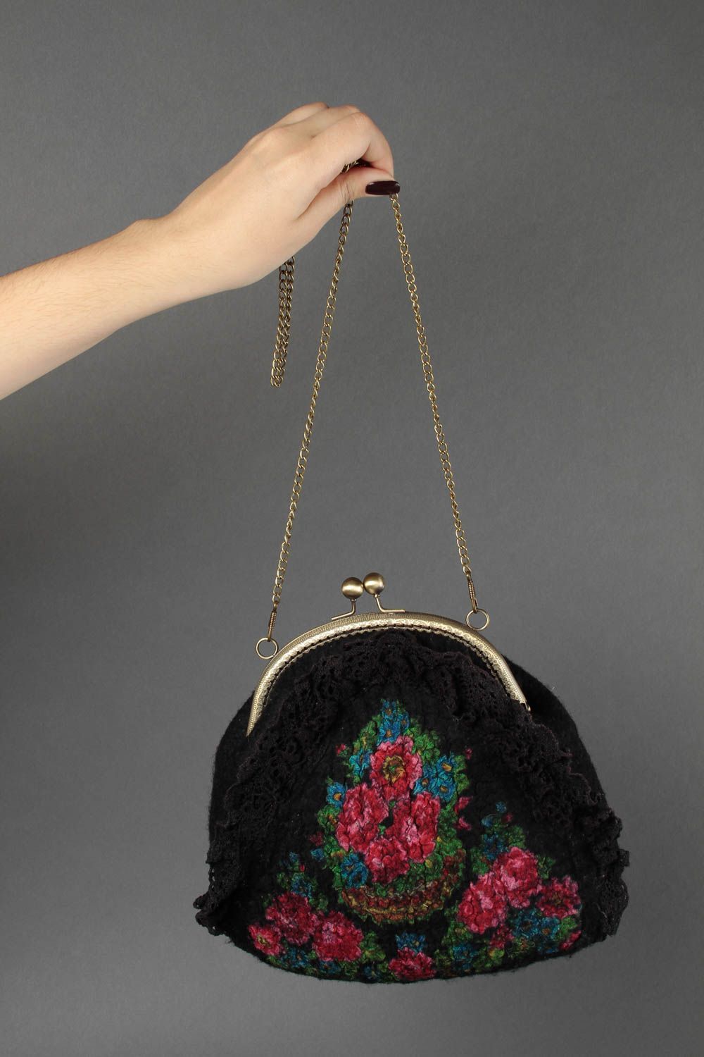 Black handmade bag felt handbag women bag with floral pattern ladies gift photo 1