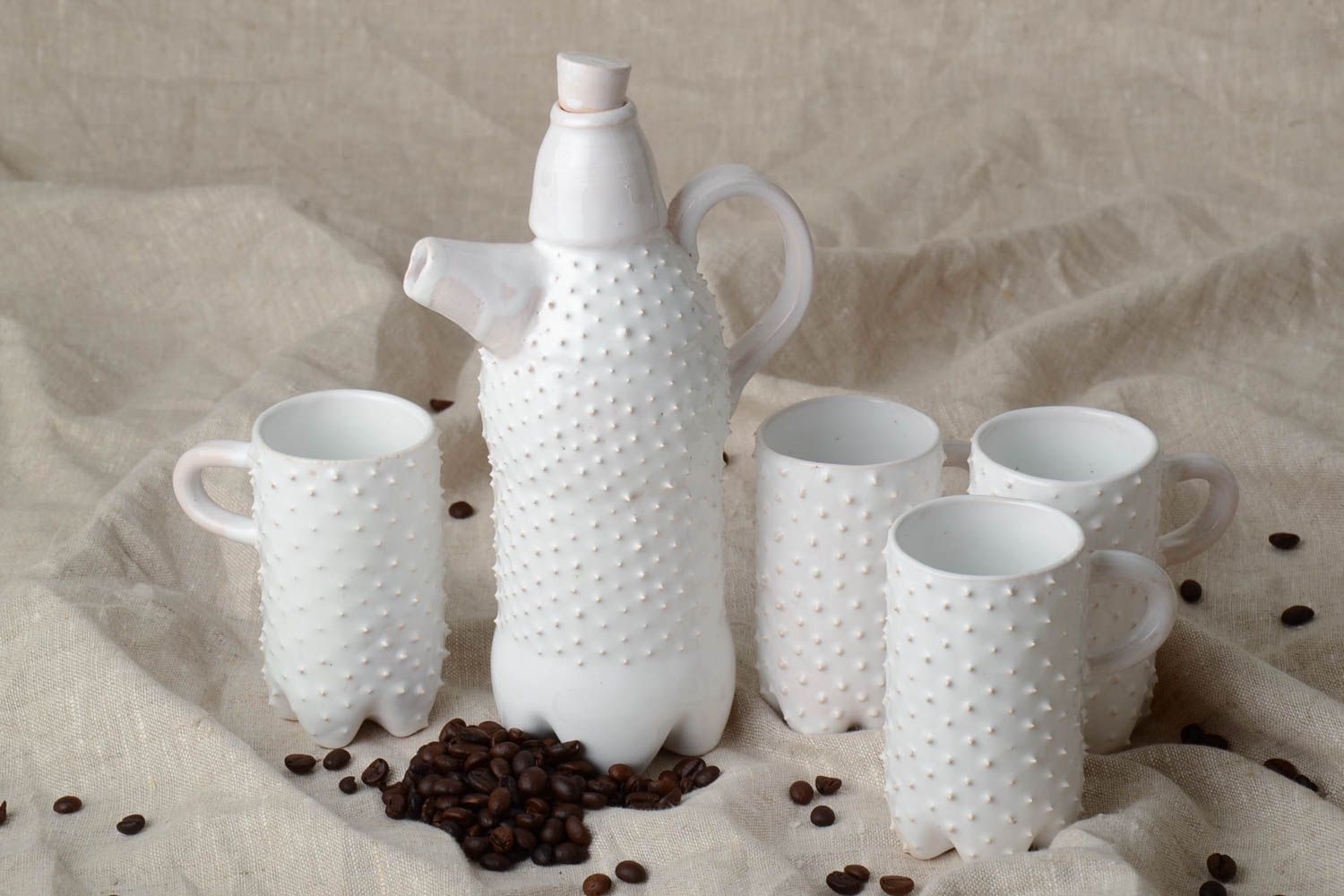 Set of handmade ceramic pottery 20 oz teapot tall drinking 8 oz cups in white color with handle photo 1
