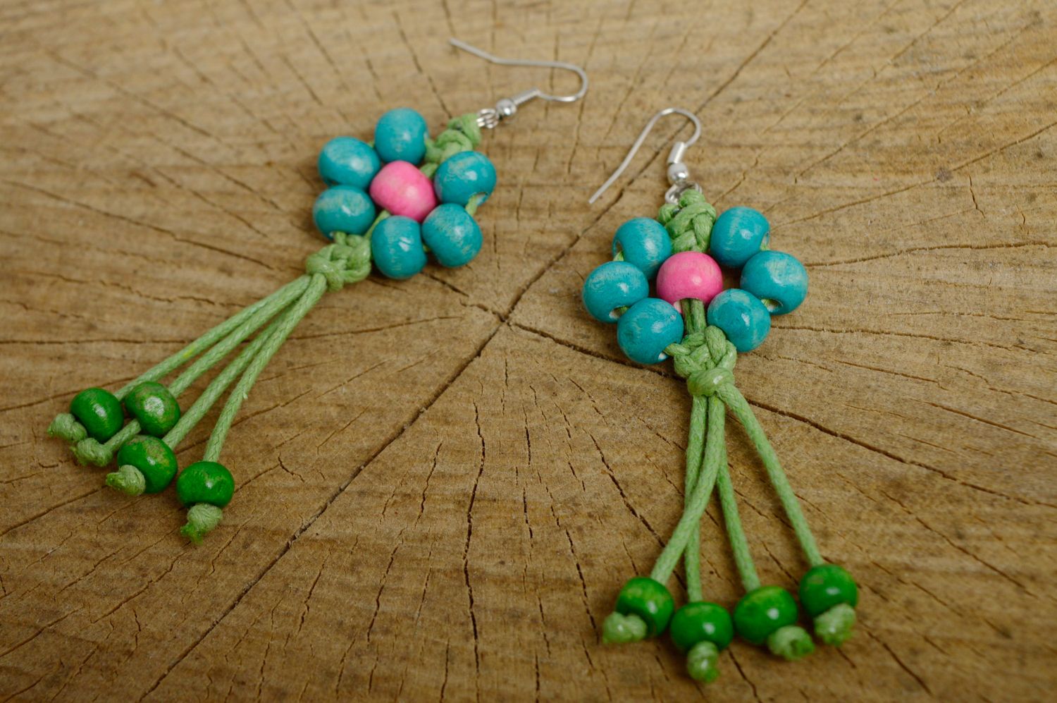 Macrame woven earrings with beads photo 1