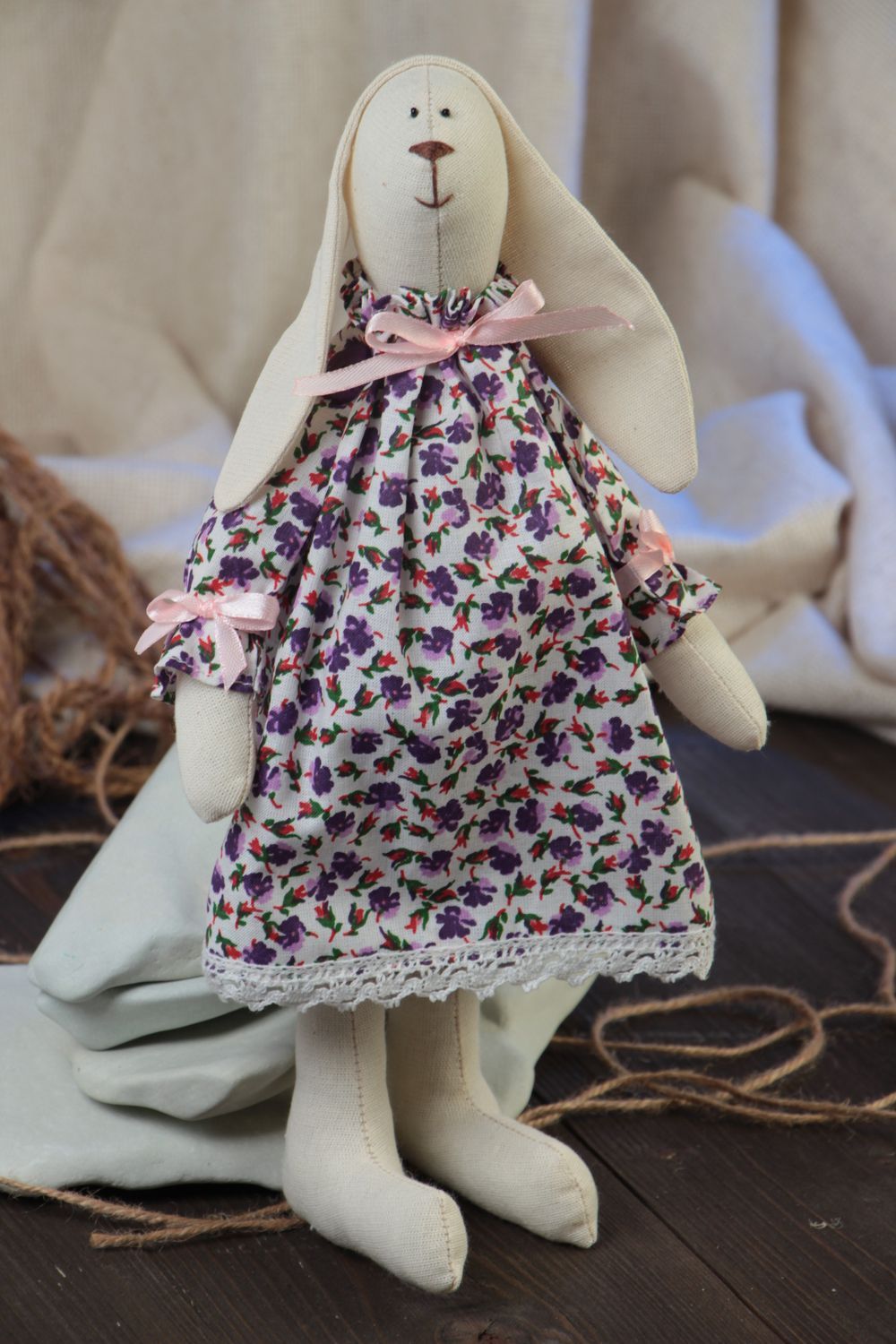 Handmade small fabric soft toy rabbit girl in dress with violet floral pattern photo 1