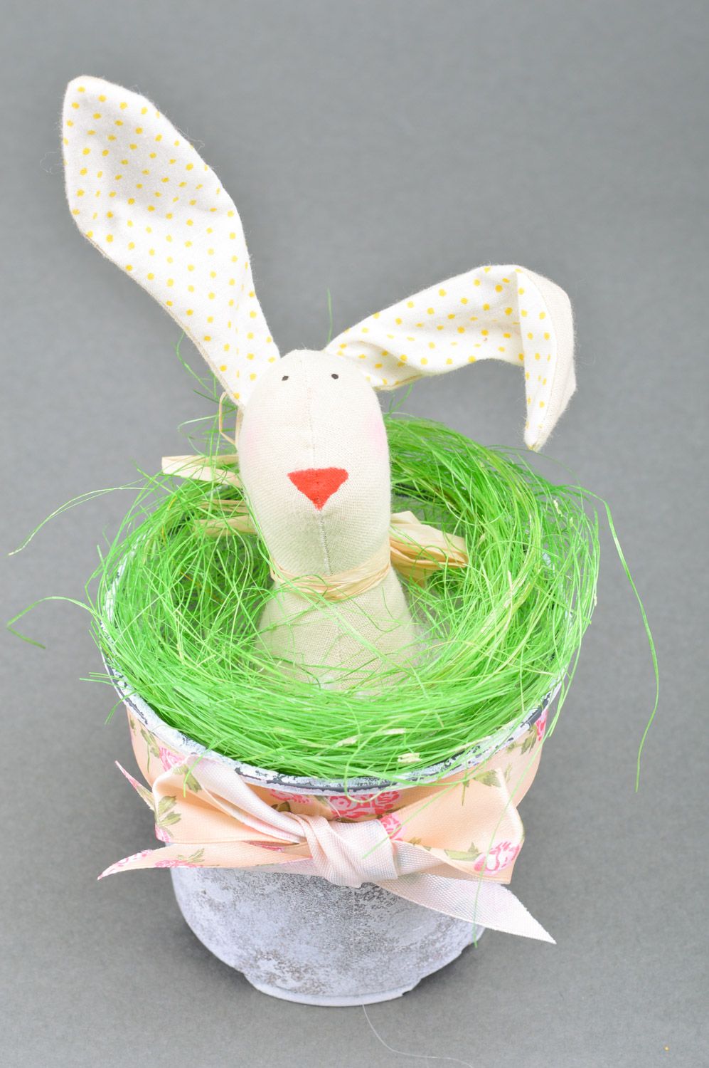 Handmade white Easter rabbit soft toy in pot with green sisal and bow  photo 2