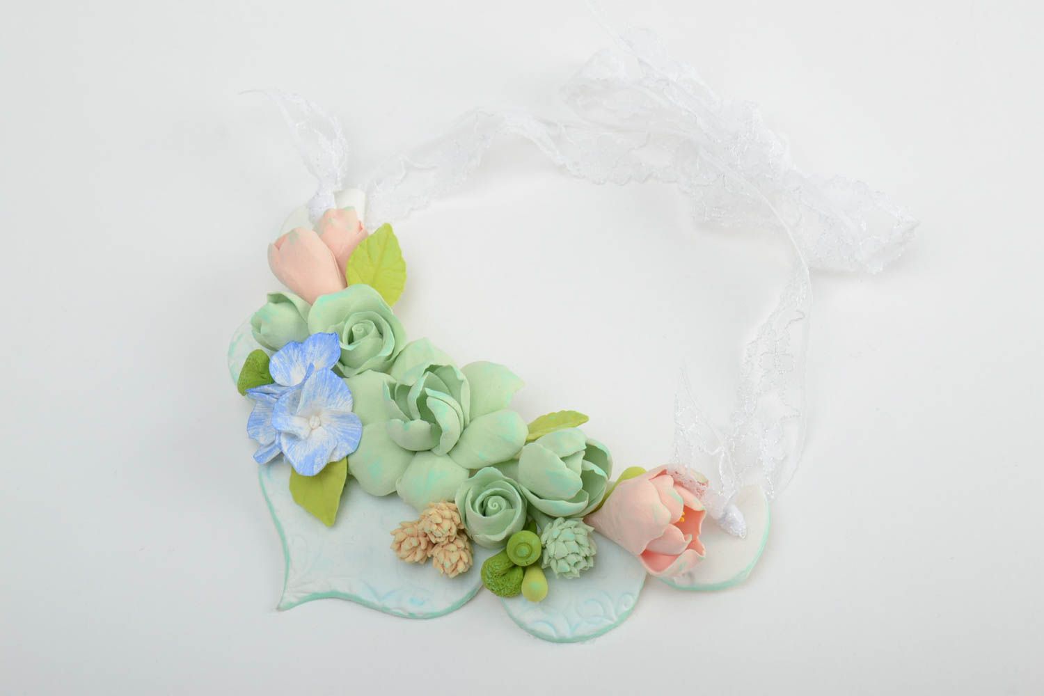 Volume handmade polymer clay floral necklace on ribbon in pastel color palette photo 3