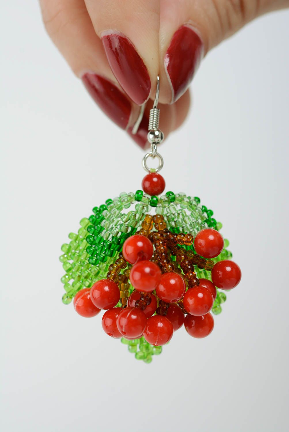 Red and green handmade woven beaded earrings with coral charms stylish photo 3