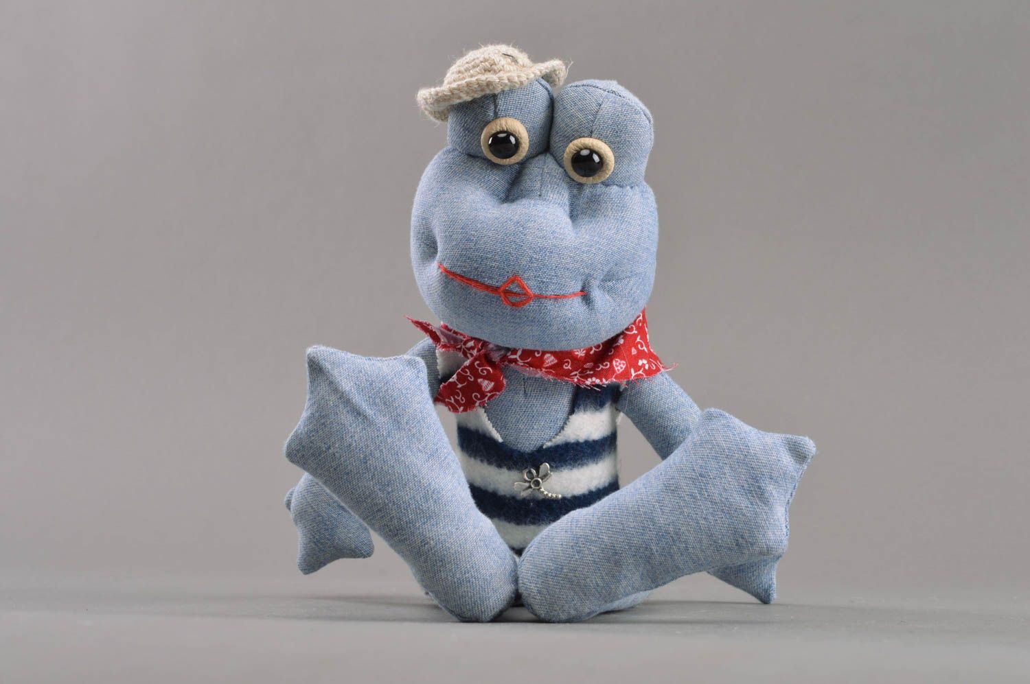 Handgemachtes kuscheliges Spielzeug aus Stoff Frosch in Blau für Kinder foto 1