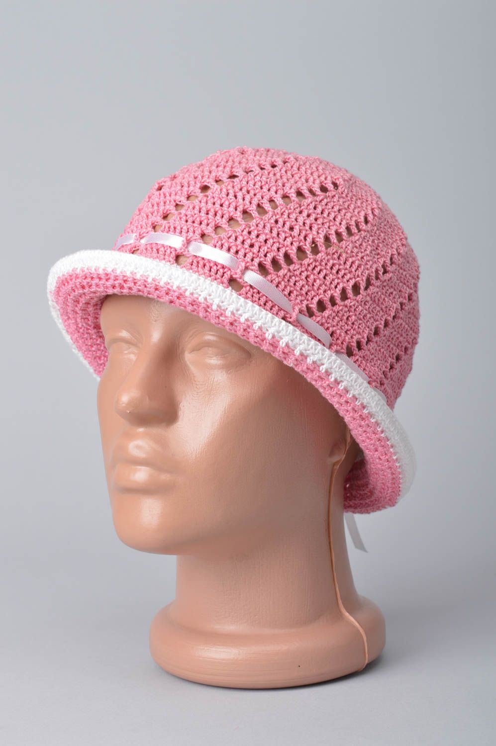 Вязаная шляпа ручной работы детская шляпа темно розовая головной убор красивая фото 1
