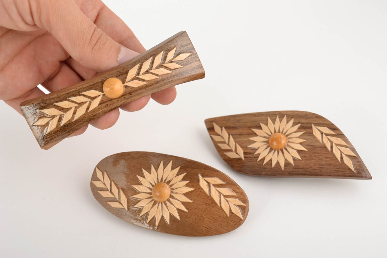 Handmade Holz Haarspangen Set 3 Stück in Braun schön mit Muster Frauen Schmuck foto 2