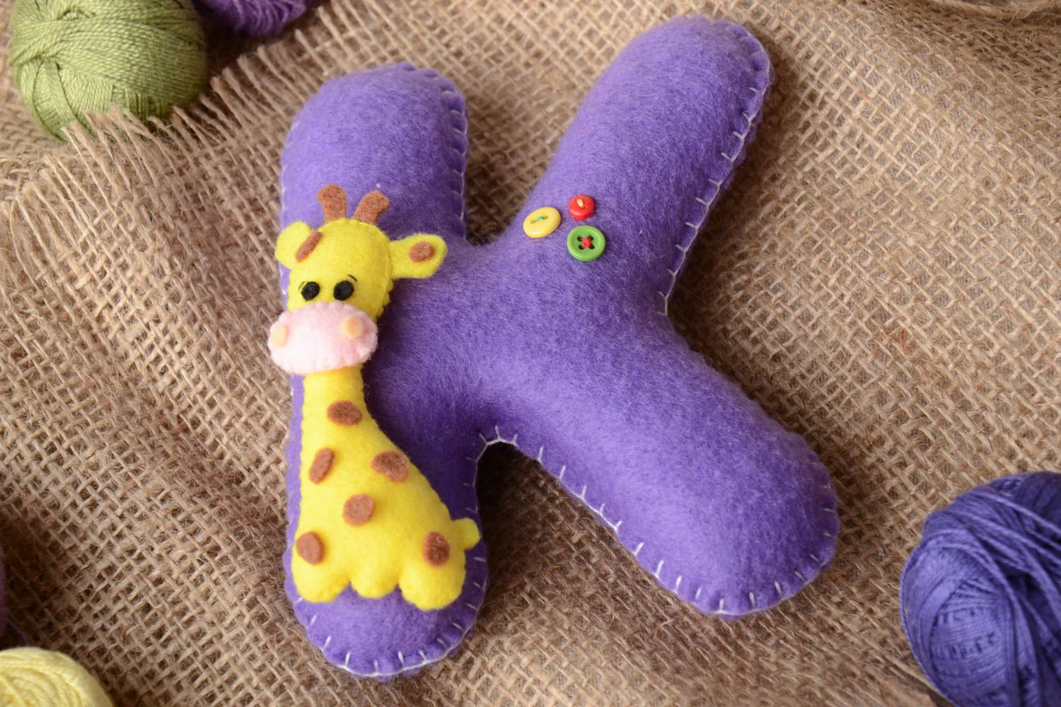 Handmade decorative soft letter K sewn of violet felt with yellow giraffe for kids photo 1