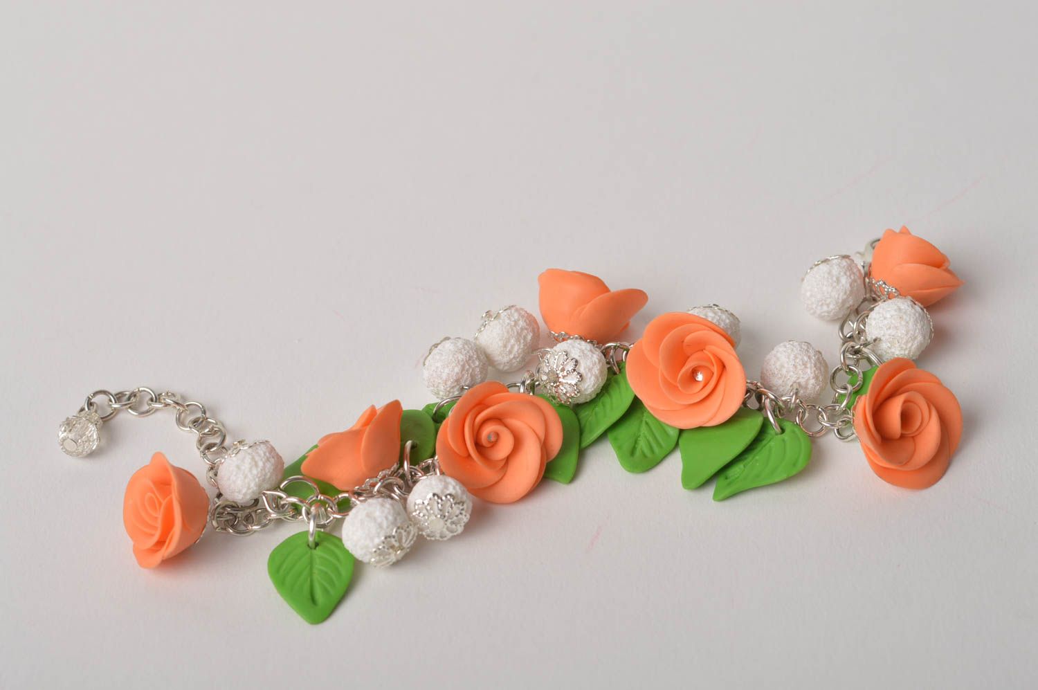 Bracelet avec fleurs orange Bijou fait main pâte polymère Cadeau pour femme photo 3