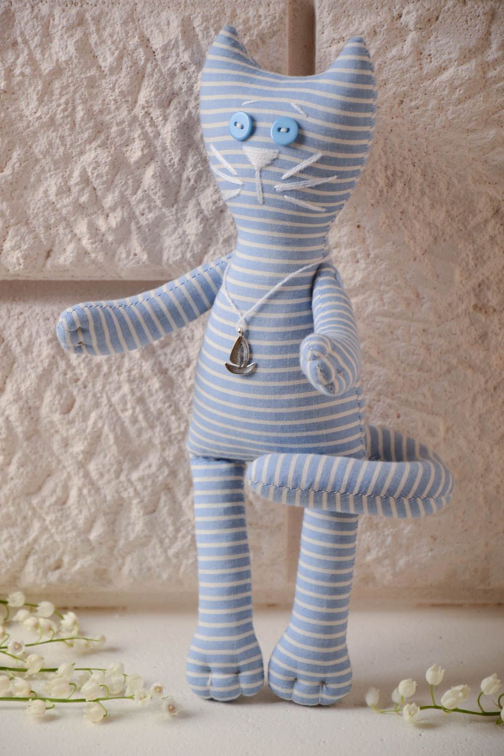Handmade designer blue striped cotton fabric soft toy cat with long tail photo 1