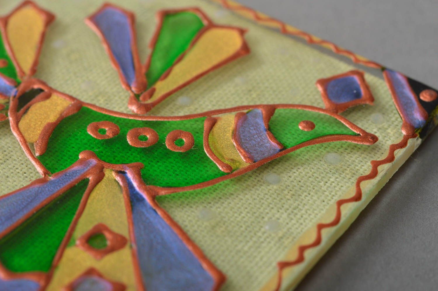 Handmade designer decorative glass painted fridge magnet of square shape Bird photo 2