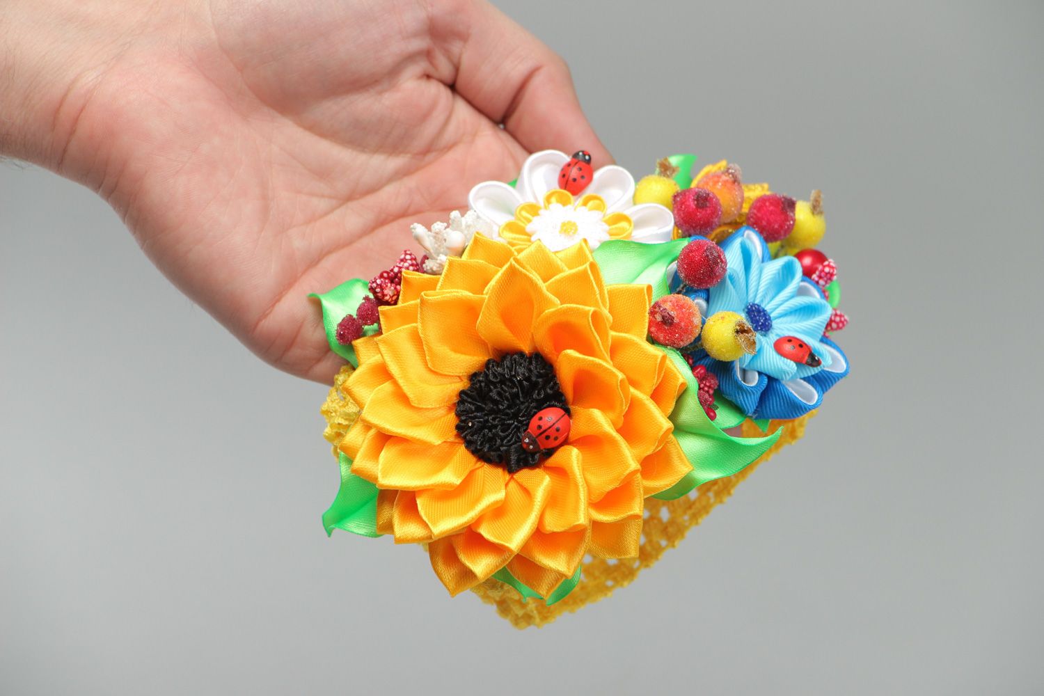 Bright colorful handmade wide elastic headband with artificial flowers photo 4