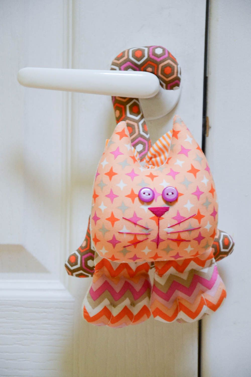 Handmade bright colorful cotton fabric soft toy cat for door handle decoration photo 1