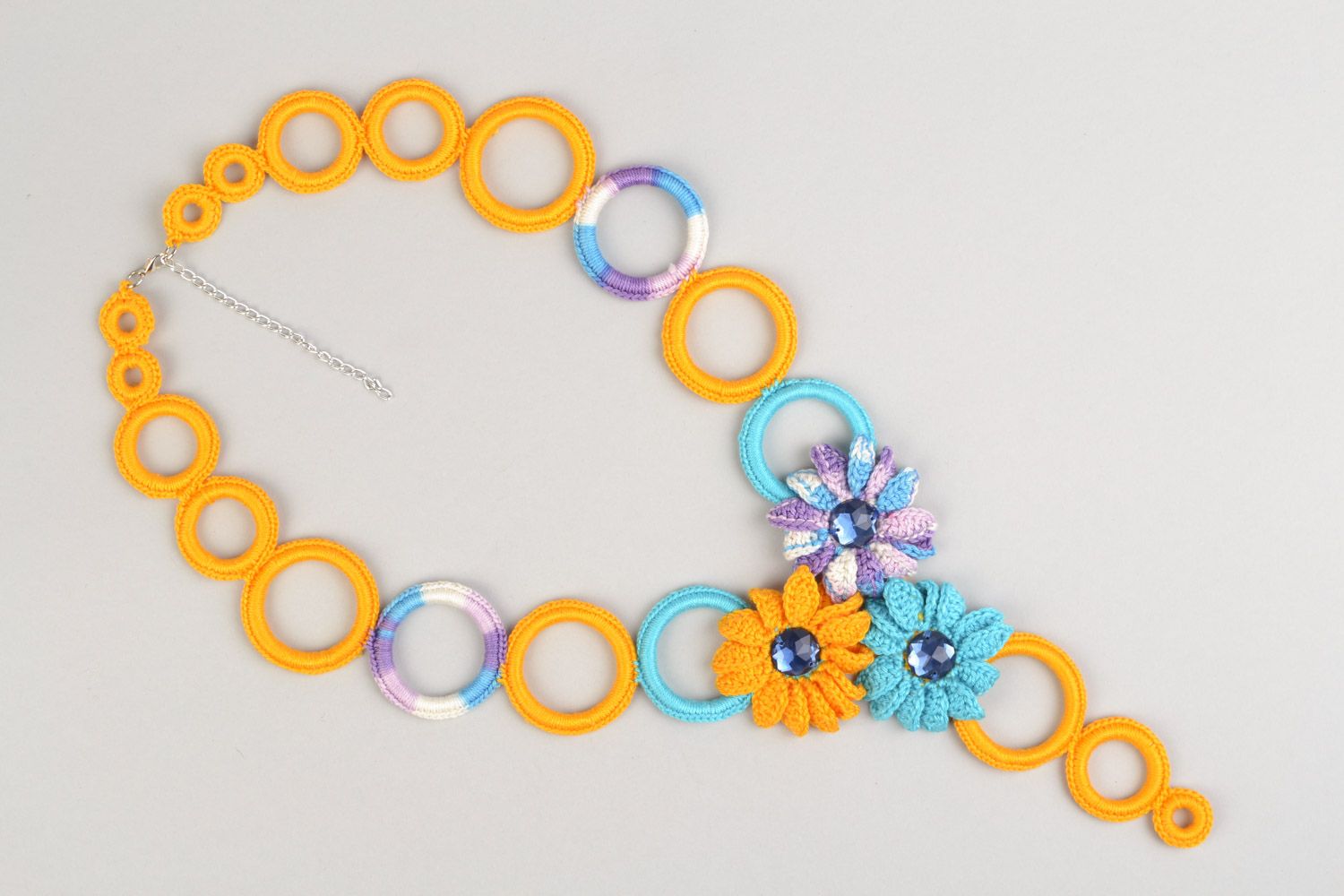 Bright handmade necklace woven of yellow and blue threads with rhinestones photo 2