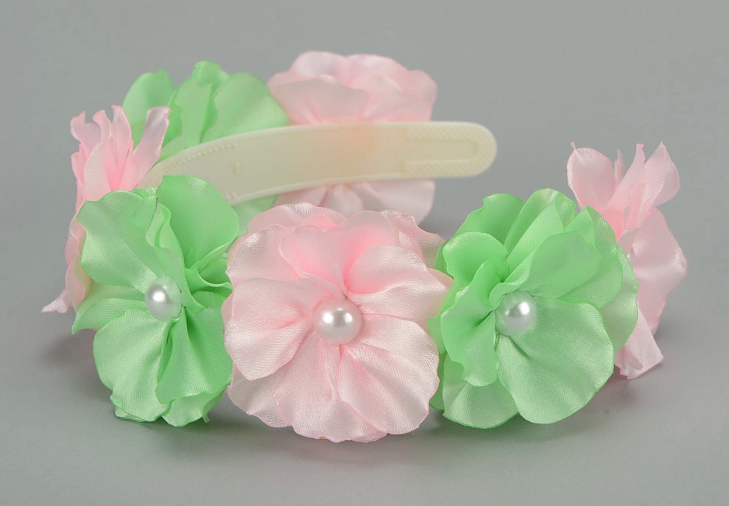 Headband, head wreath with satin flowers Lime with pink photo 2