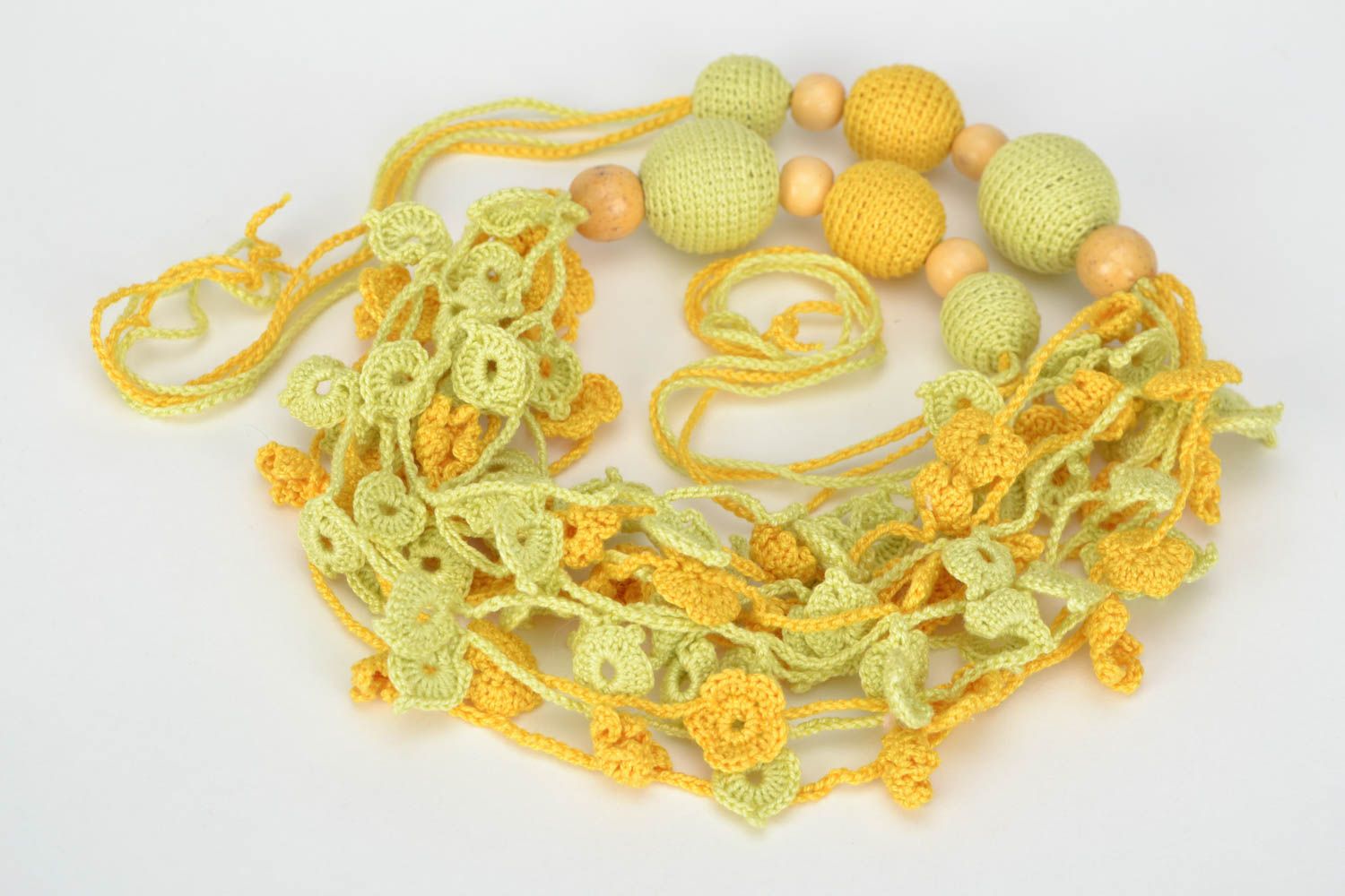 Handmade yellow bead necklace crocheted over with cotton threads with ties photo 5