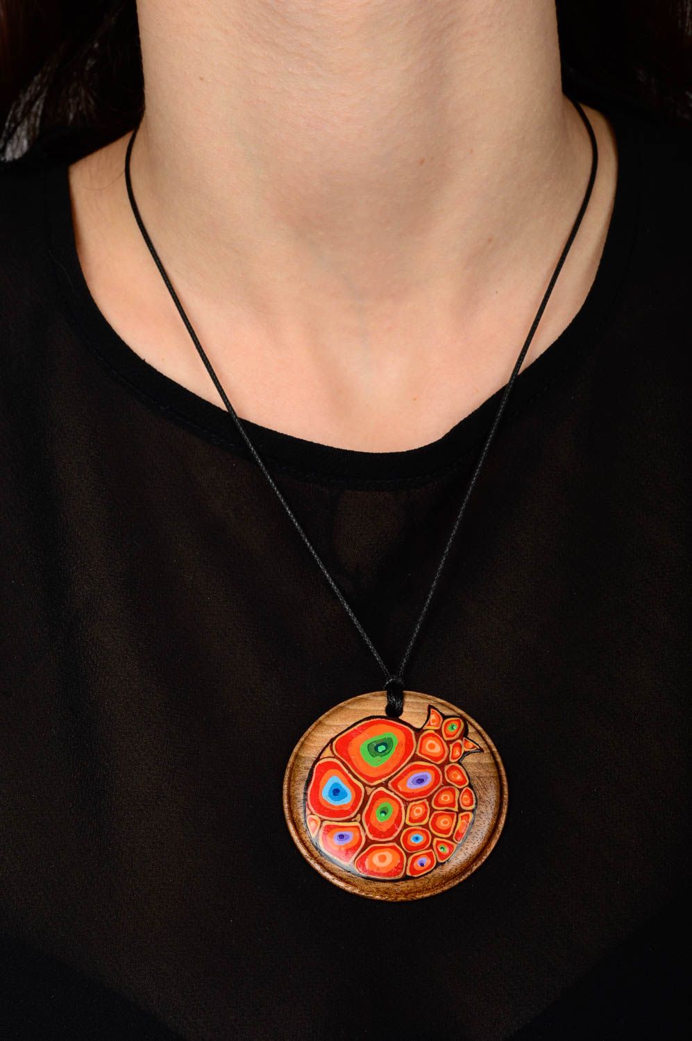 Handmade wooden pendant stylish female accessory unusual pendant on lace photo 2