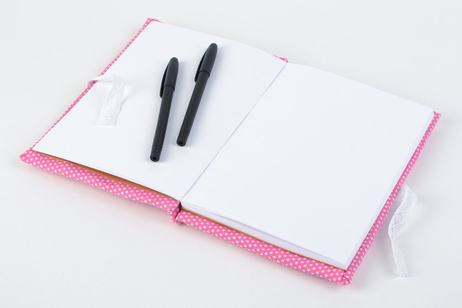 Handmade notebook with bright pink and white polka dot cotton cover for 60 pages photo 4