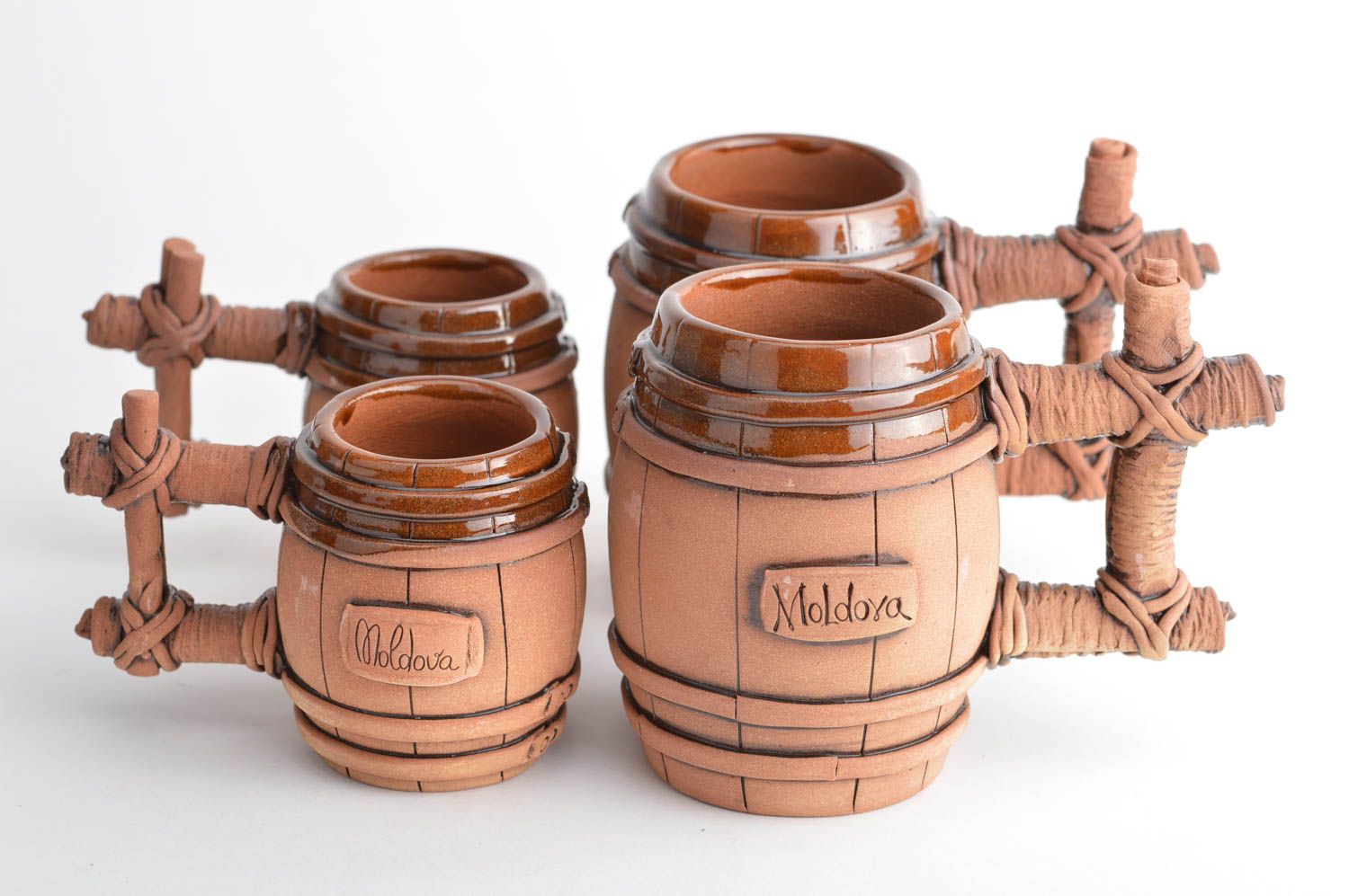 Set of ceramic glazed drinking mugs - two 5 oz ones and two small 3 oz mugs photo 2