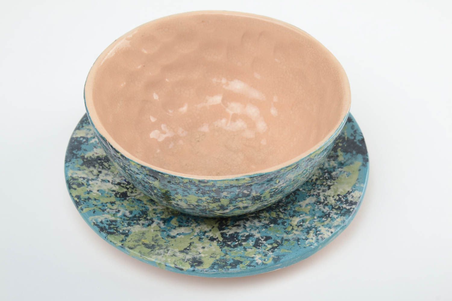 Handmade decorative painted glazed ceramic bowl 500 ml and saucer set of 2 items photo 2