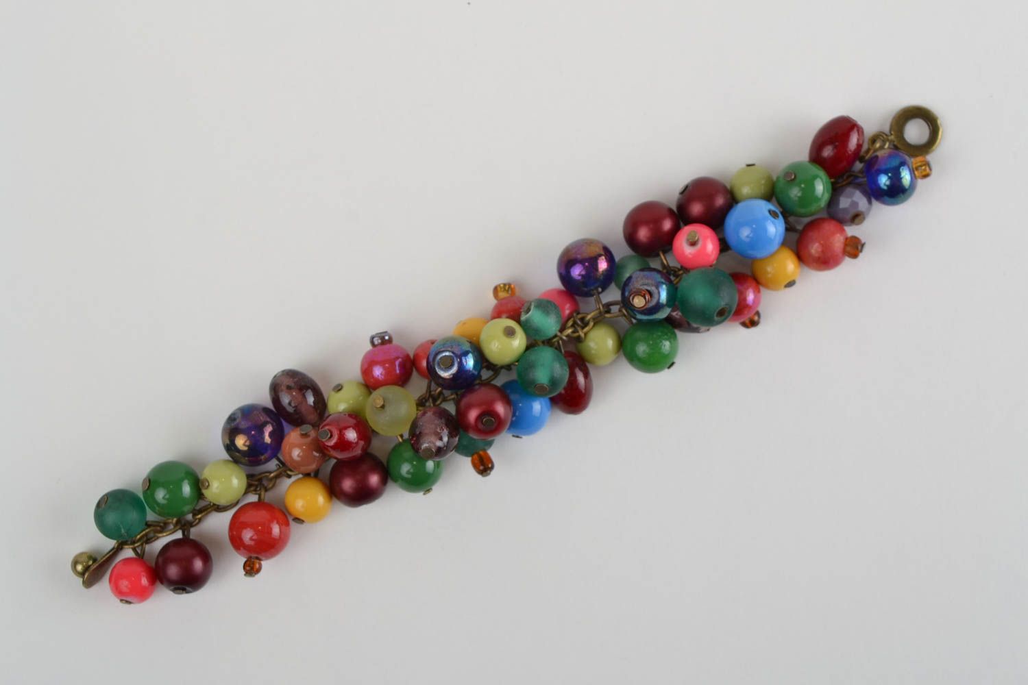 Handmade metal chain wrist bracelet with colorful glass and jadeite beads photo 4
