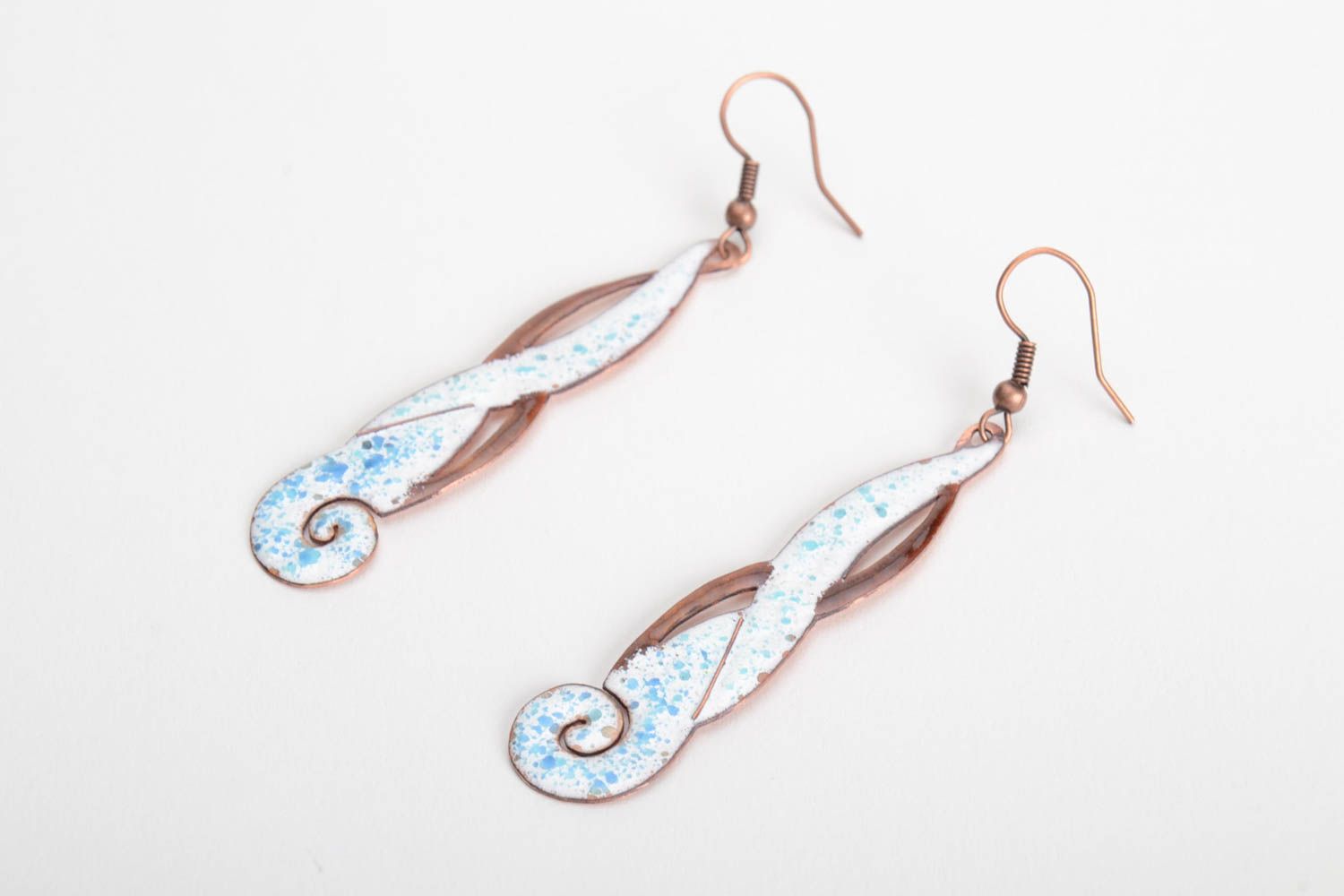 Copper handmade decorative earrings with hot enamel painting long with charms photo 2