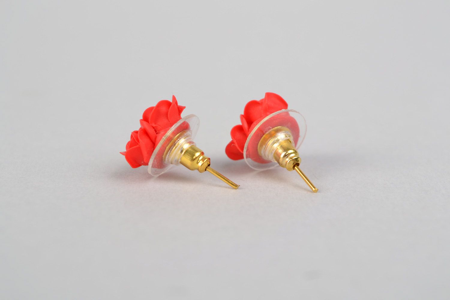 Cute tiny handmade stud earrings with beautiful polymer clay red roses  photo 5