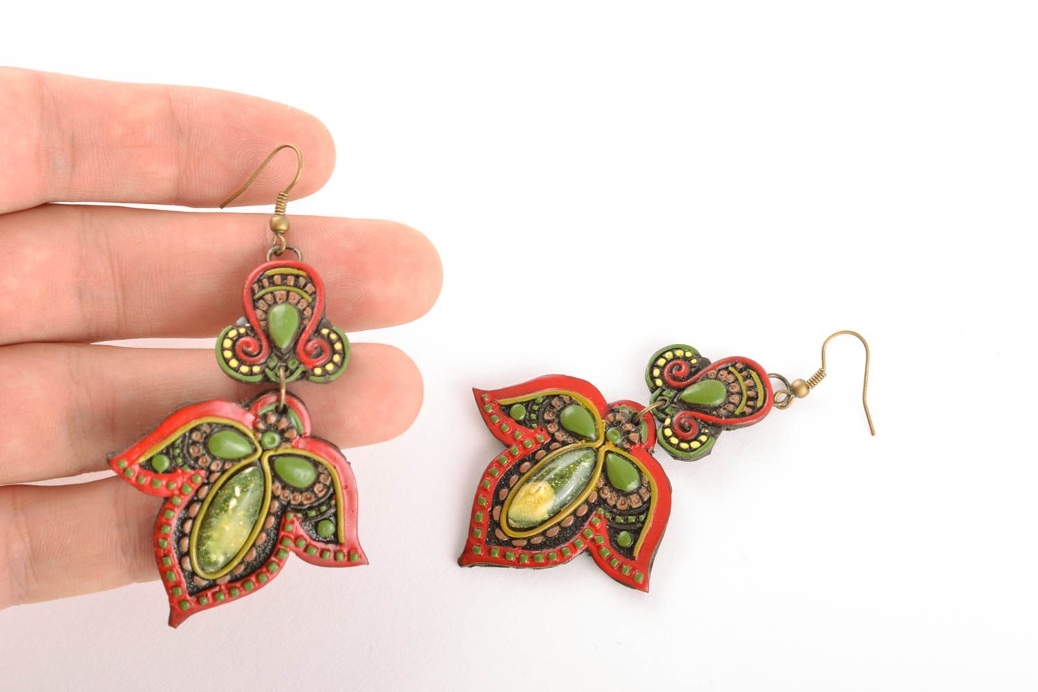 Green plastic dangle earrings in Indian style photo 2