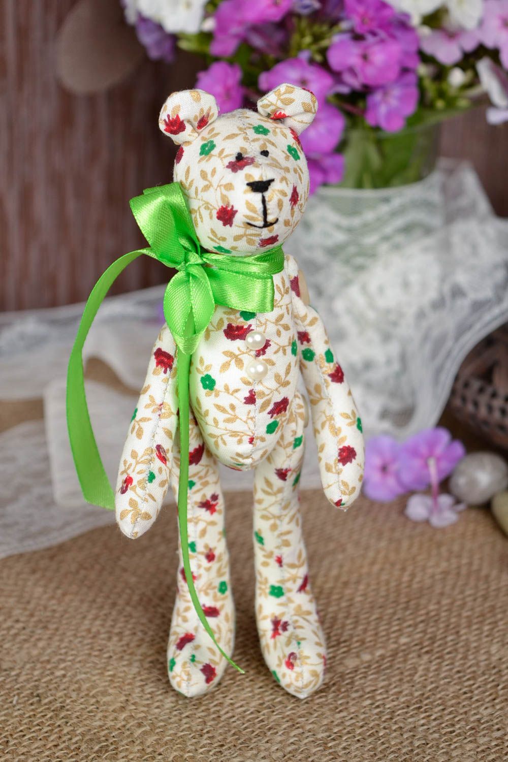 Peluche ours Jouet enfant fait main blanc à motif floral coton Cadeau original photo 1