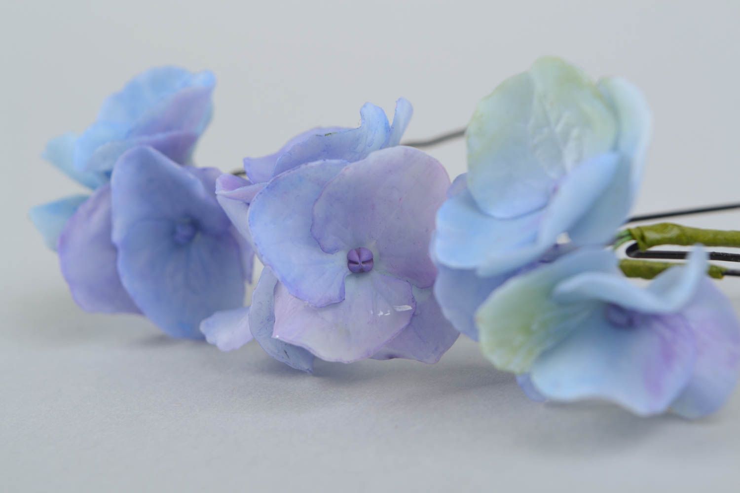 Pics à cheveux artisanaux ensemble de 3 pièces fait main d'argile bleu hortensia photo 3