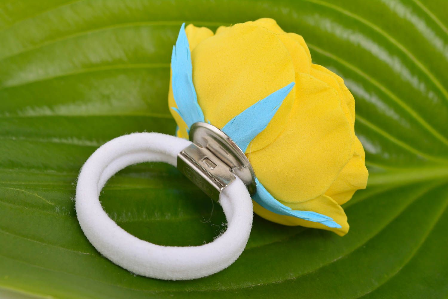 Handmade designer elastic hair band with volume yellow flower made of foamiran photo 4