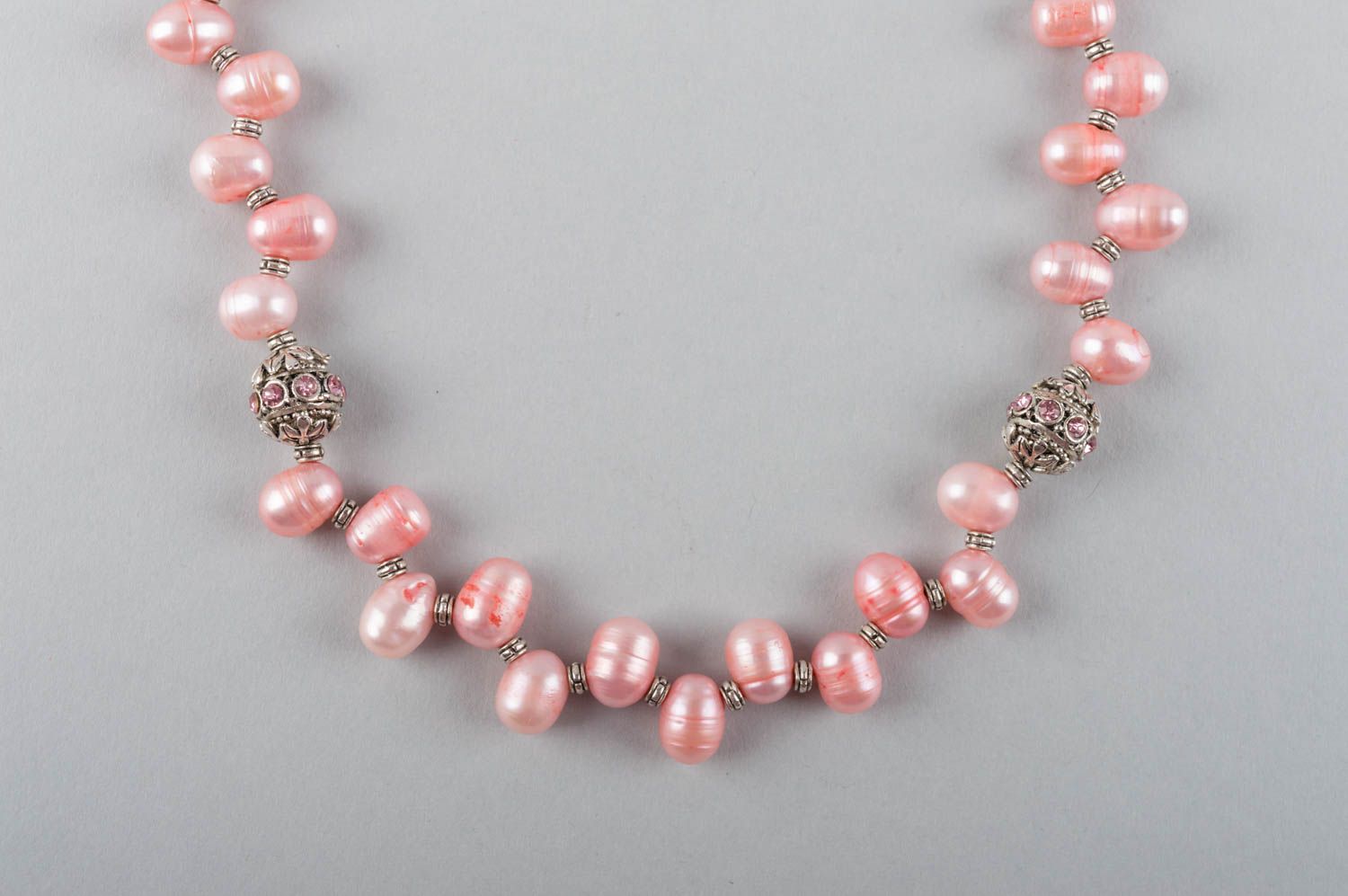 Handmade elegant designer necklace with pink pearls and latten elements for lady photo 4