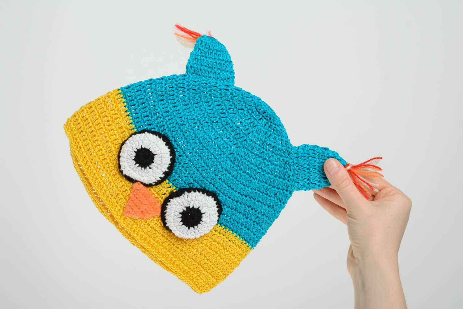 Bonnet tricoté pour enfant en forme de hibou jaune bleu fait main cadeau photo 5