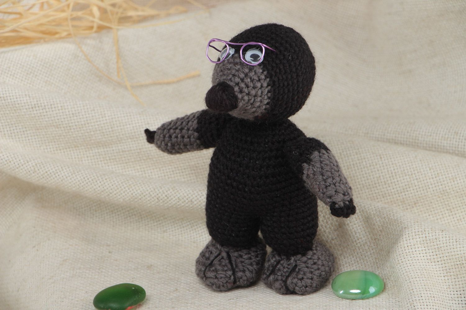 Black and gray handmade crochet soft toy in the shape of mole for children photo 1