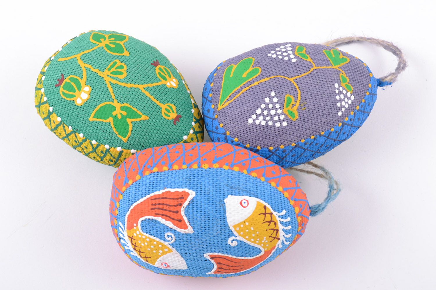Set of 3 handmade decorative Easter eggs sewn of fabric painted with acrylics photo 4