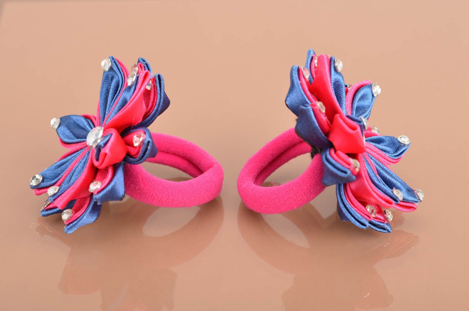 Ensemble d'élastiques à cheveux avec fleur rose bleu faits main 2 pièces photo 2